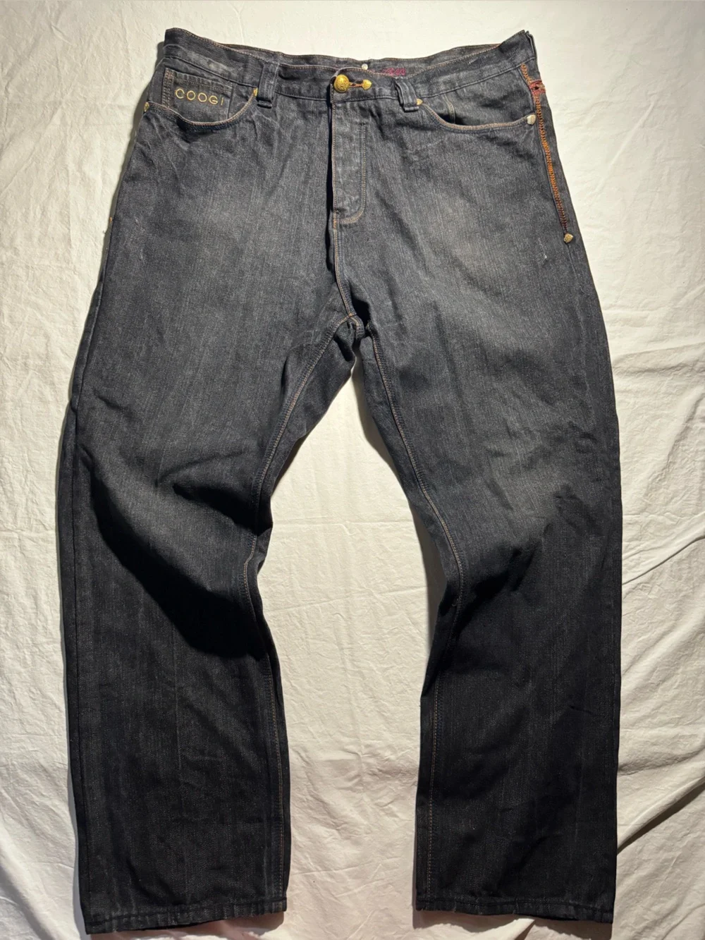 COOGI Black Denim Jeans with Red & Gold Embroidered Back 42x 16 1/2